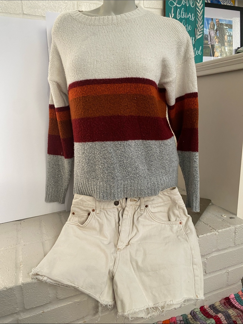 Cozy Striped Crewneck Sweater - Ivory, Gray & Autumn Stripes w shorts